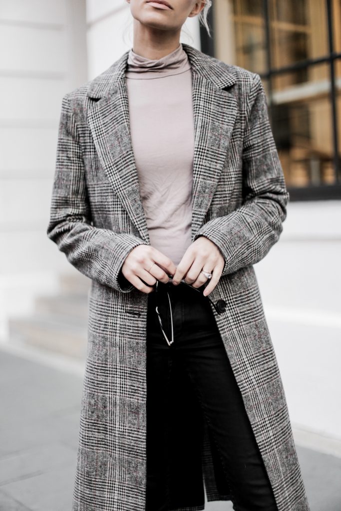 leather + plaid checkered long coat forever 21 taupe turtleneck jeans pants ankle boots cat eye sunglasses Charleston Fashion Blogger Dannon Almost Happening