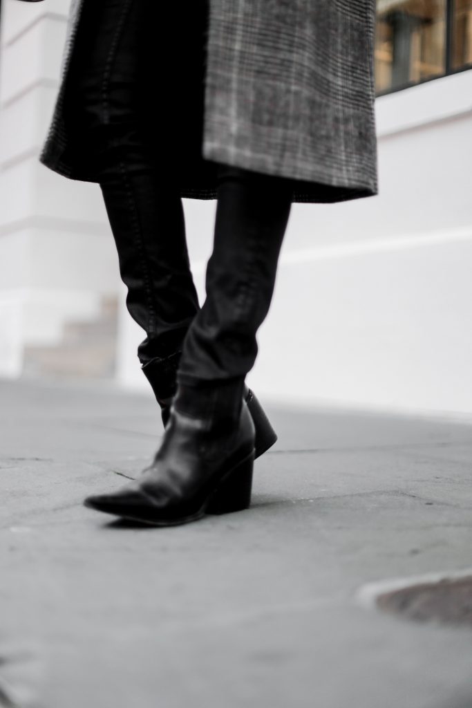 leather + plaid checkered long coat forever 21 taupe turtleneck jeans pants ankle boots cat eye sunglasses Charleston Fashion Blogger Dannon Almost Happening