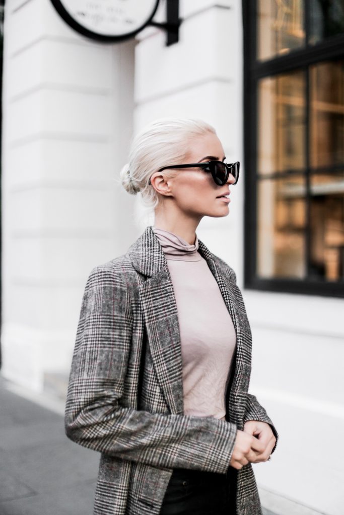 leather + plaid checkered long coat forever 21 taupe turtleneck jeans pants ankle boots cat eye sunglasses Charleston Fashion Blogger Dannon Almost Happening