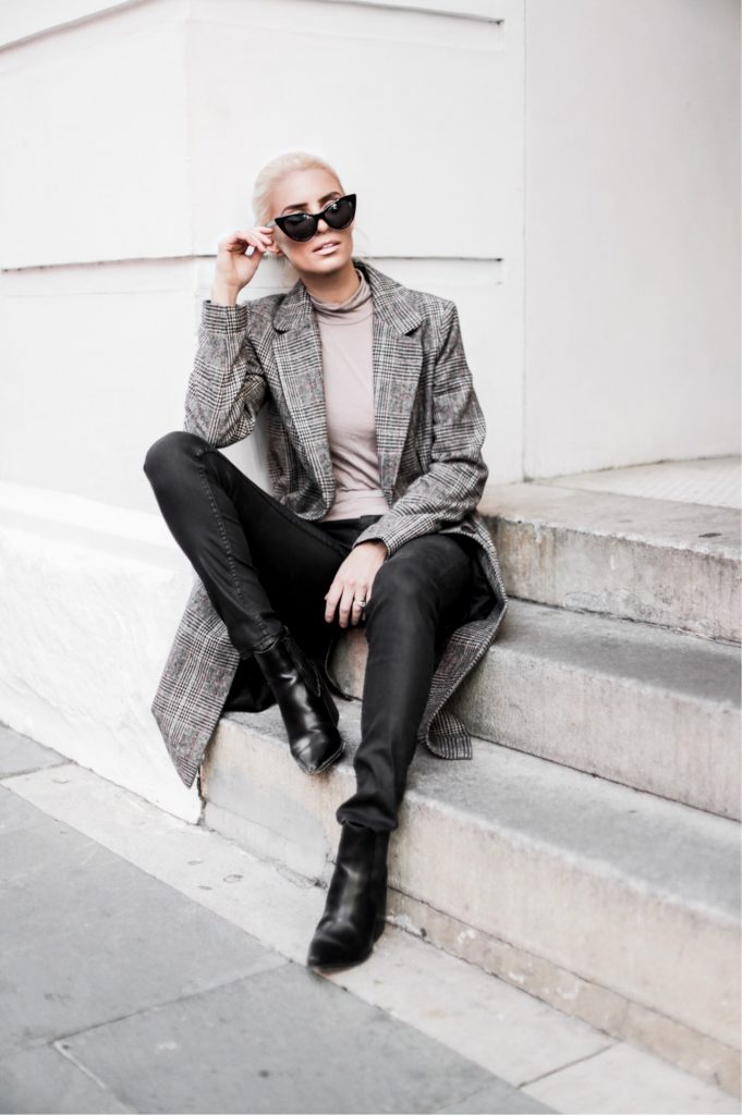 leather + plaid checkered long coat forever 21 taupe turtleneck jeans pants ankle boots cat eye sunglasses Charleston Fashion Blogger Dannon Almost Happening