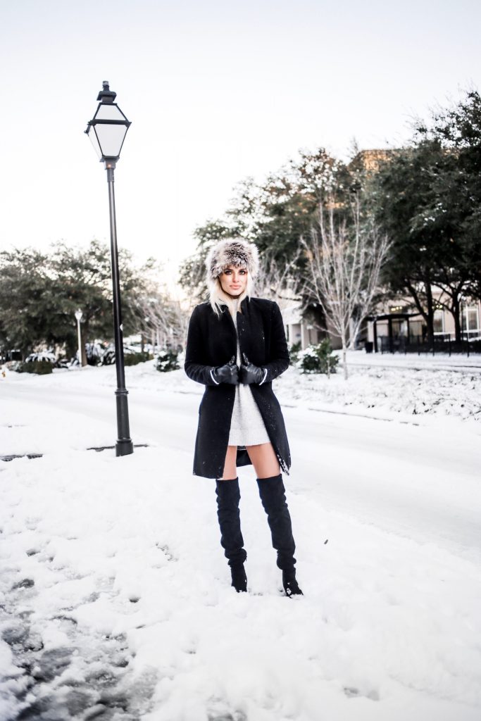 Snow Bunny in Charleston SC king street January 4th 2018 faux fur hat oversized sunglasses thigh high boots H&M forever 21 black coat high neck sweater Charleston Fashion Blogger Dannon Almost Happening