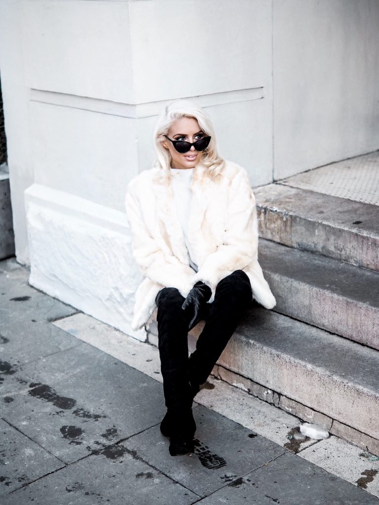 snowed vintage fur white leather pants thigh high boots platinum blonde cat eye sunglasses Charleston Fashion Blogger Dannon Almost Happening