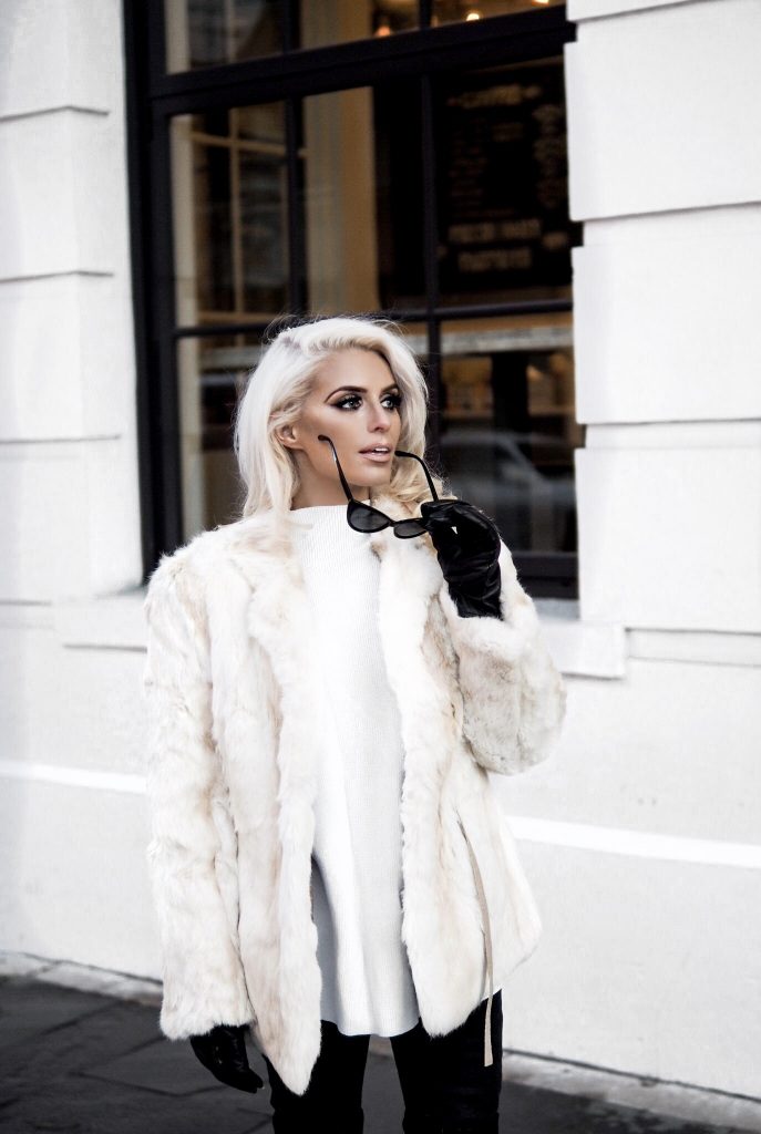 snowed vintage fur white leather pants thigh high boots platinum blonde cat eye sunglasses Charleston Fashion Blogger Dannon Almost Happening