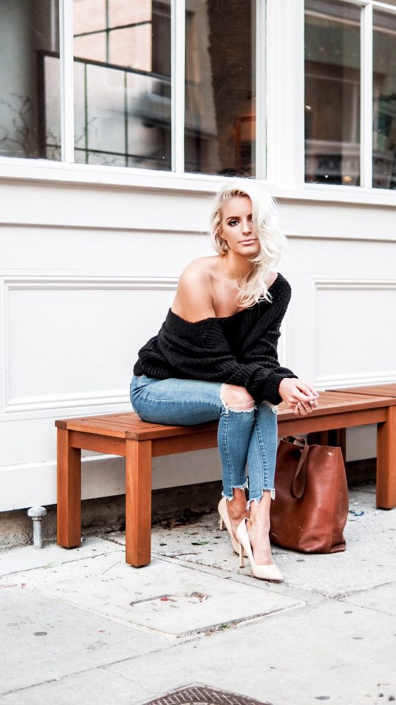 Loose Knits twist back sweater skinny jeans nude heels Charleston Fashion Blogger Dannon Almost Happening