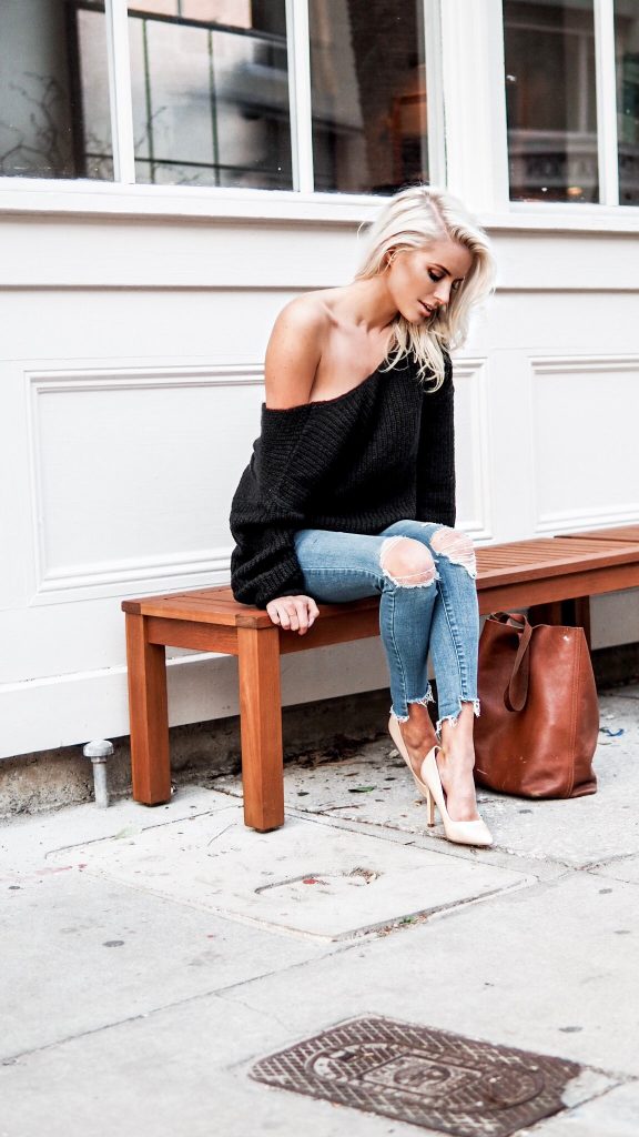 Loose Knits twist back sweater skinny jeans nude heels Charleston Fashion Blogger Dannon Almost Happening