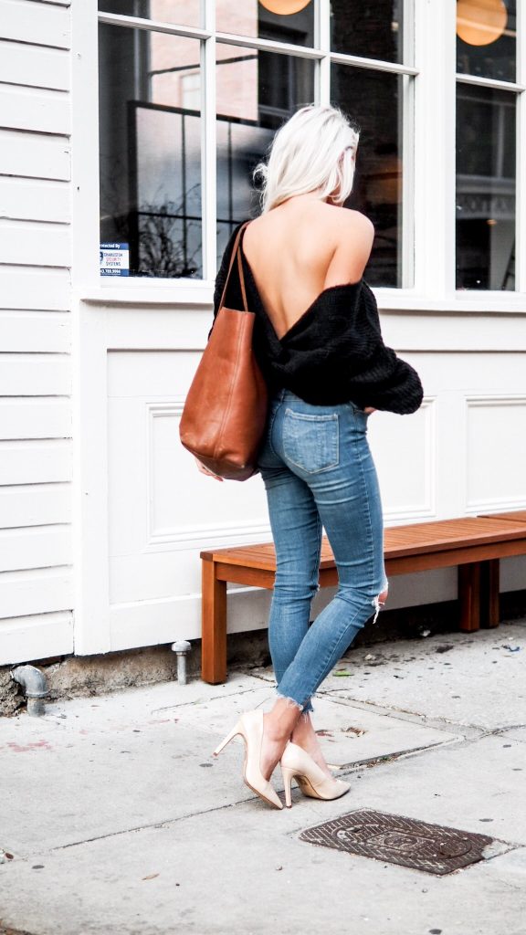 Loose Knits twist back sweater skinny jeans nude heels Charleston Fashion Blogger Dannon Almost Happening