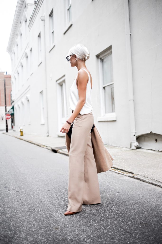 Almost Spring sweater v neck white tank high waist wide leg trouser pants tan spring style Charleston Fashion Blogger Dannon Almost Happening