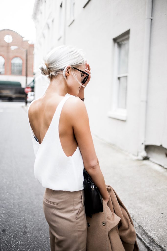 Almost Spring sweater v neck white tank high waist wide leg trouser pants tan spring style Charleston Fashion Blogger Dannon Almost Happening