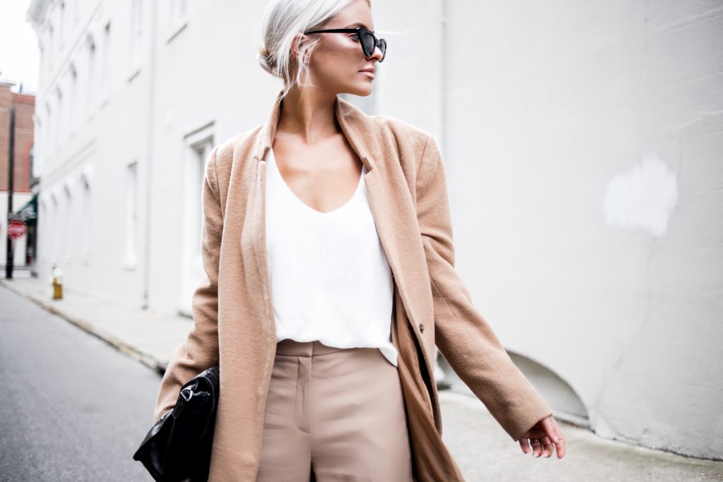 Almost Spring sweater v neck white tank high waist wide leg trouser pants tan spring style Charleston Fashion Blogger Dannon Almost Happening