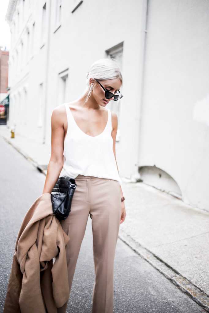 Almost Spring sweater v neck white tank high waist wide leg trouser pants tan spring style Charleston Fashion Blogger Dannon Almost Happening
