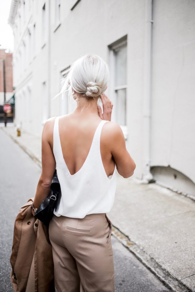 Almost Spring sweater v neck white tank high waist wide leg trouser pants tan spring style Charleston Fashion Blogger Dannon Almost Happening