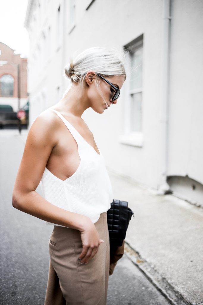 Almost Spring sweater v neck white tank high waist wide leg trouser pants tan spring style Charleston Fashion Blogger Dannon Almost Happening