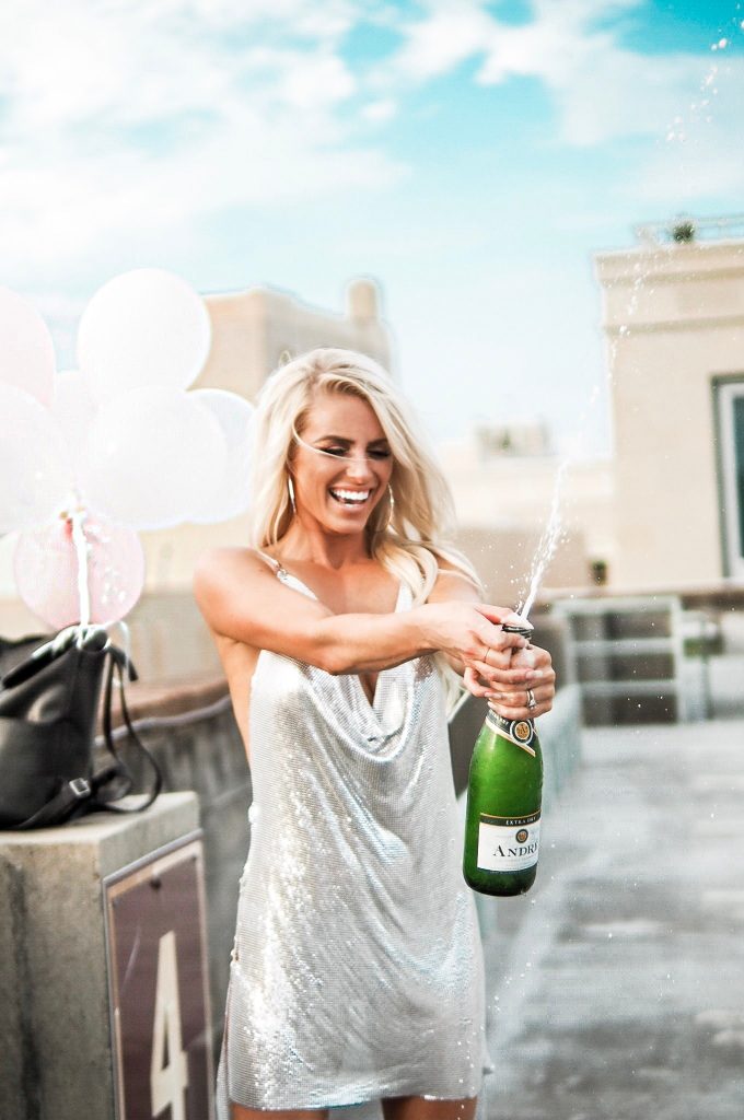 30th birthday girl silver chainmail rhinestone dress vegas themed party // Charleston blogger dannon k collard Almost Happening