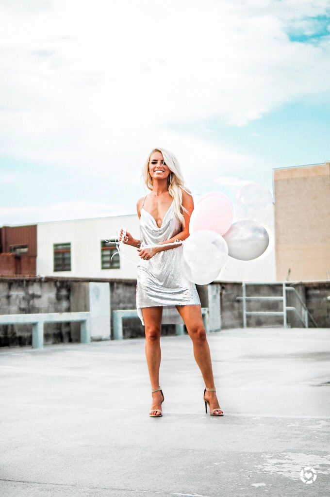 30th birthday girl silver chainmail rhinestone dress vegas themed party // Charleston blogger dannon k collard Almost Happening