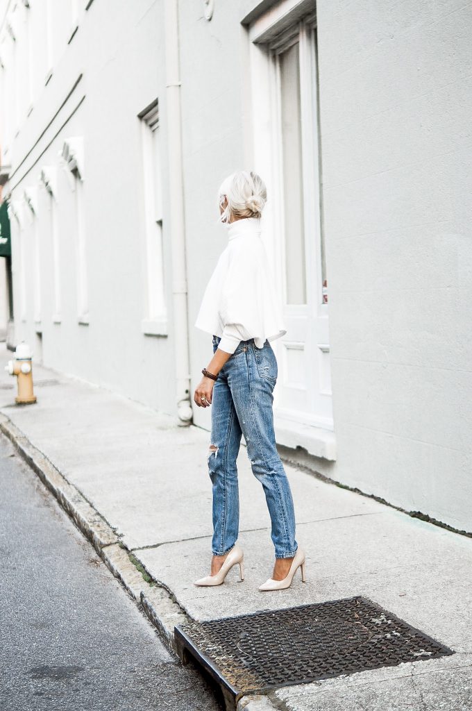  hello fall forever 21 turtleneck white crop top 501 levis mom jeans nude pumps fall street style // charleston fashion blogger dannon k collard Almost Happening