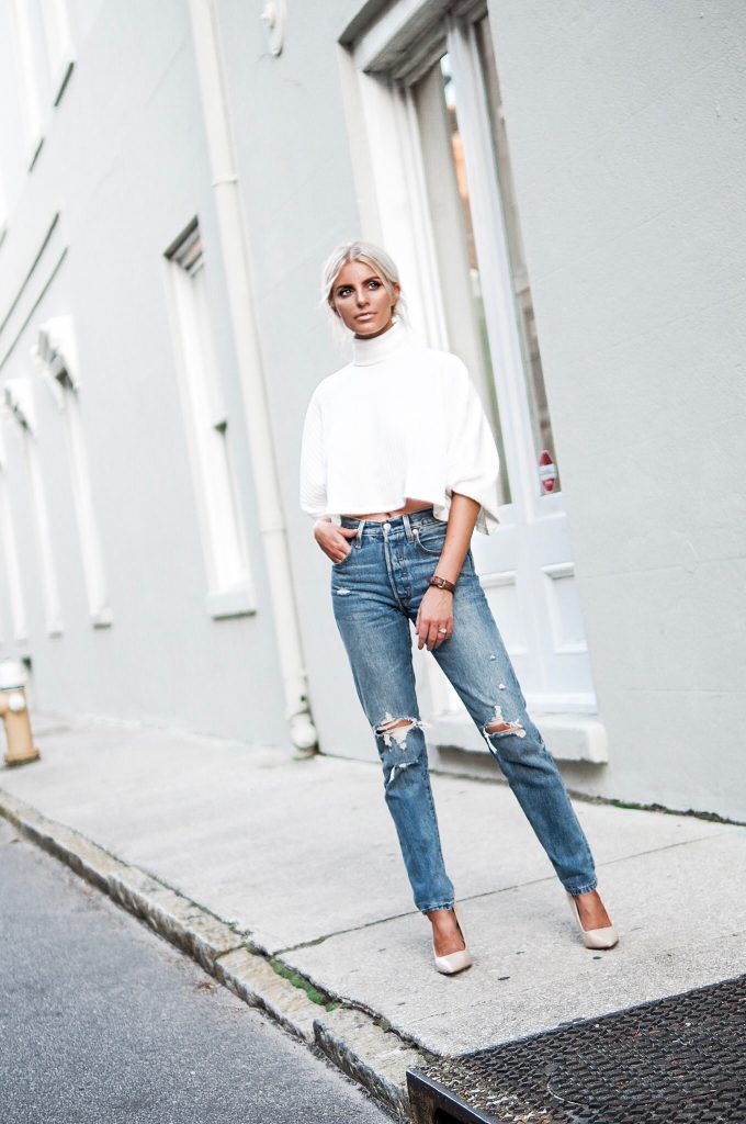  hello fall forever 21 turtleneck white crop top 501 levis mom jeans nude pumps fall street style // charleston fashion blogger dannon k collard Almost Happening