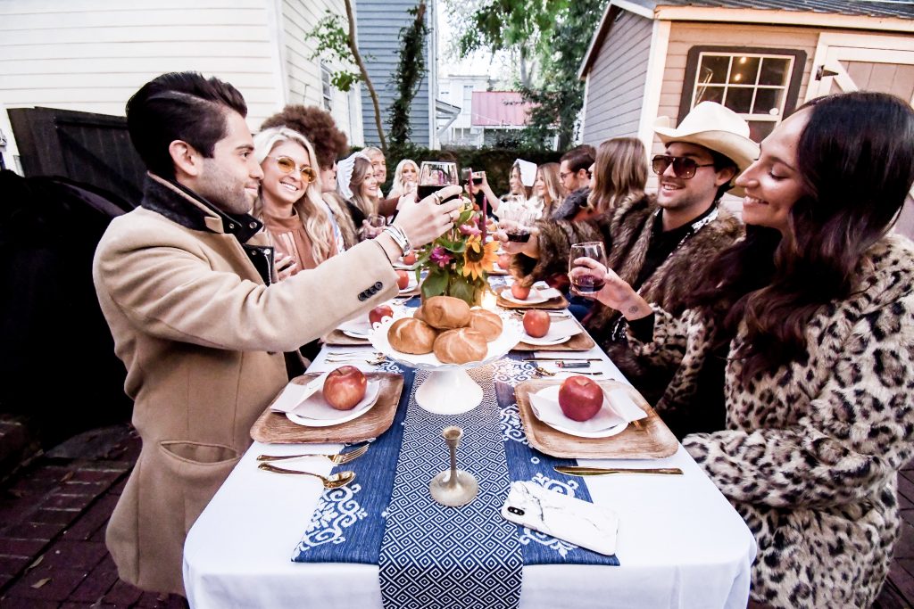 70's Friendsgiving themed Thanksgiving // Charleston Fashion Blogger Dannon K. Collard Almost Happening Wedding Fall inspiration tablescape table setting dinner