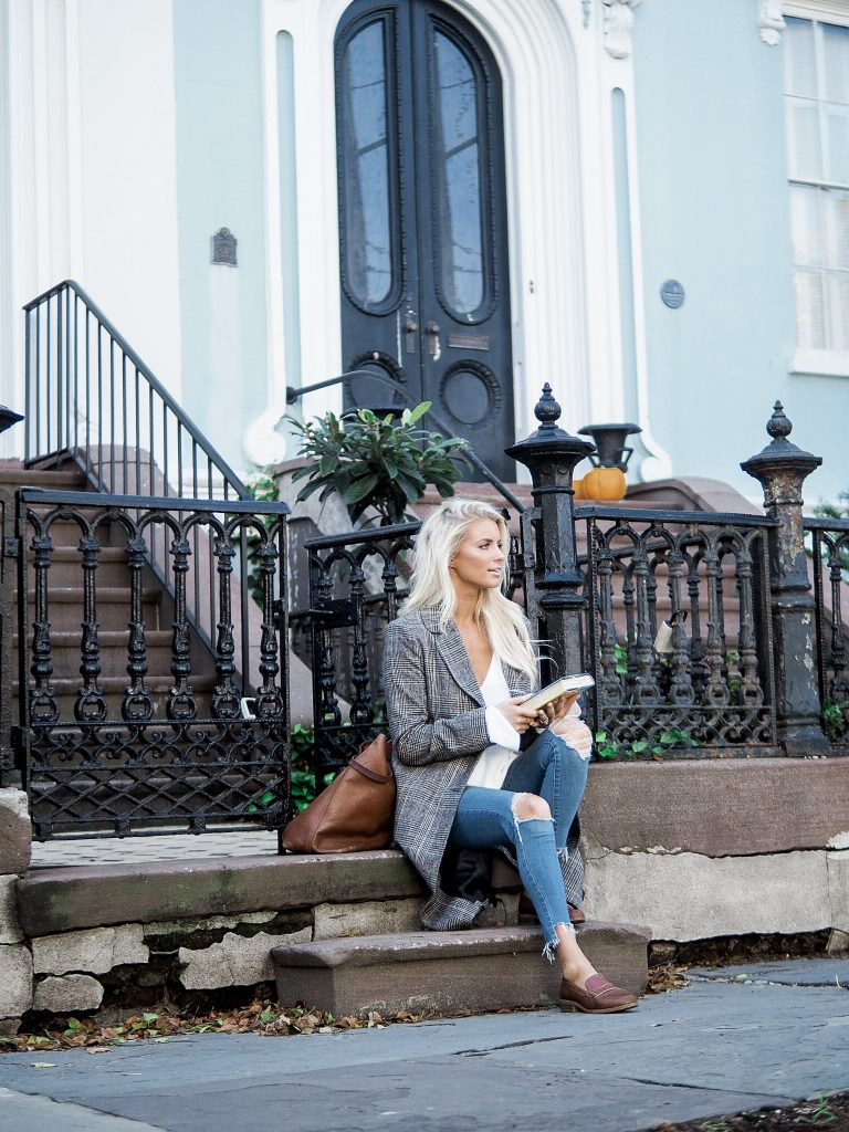 Brownstones in Charleston check plaid long coat brown loafers sweater skinny jeans // charleston fashion blogger dannon k collard Almost Happening