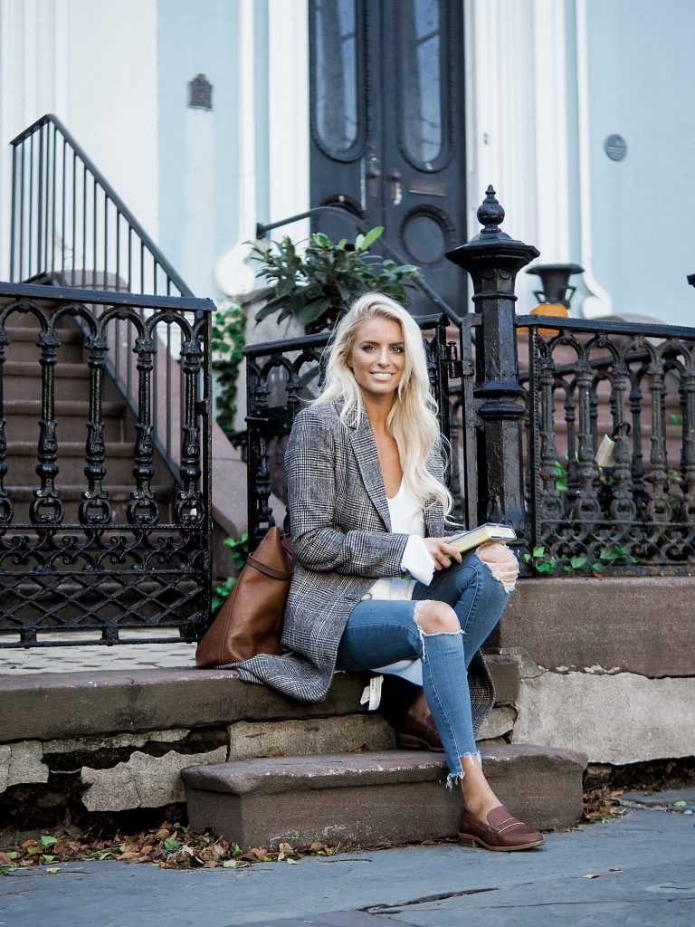 Brownstones in Charleston check plaid long coat brown loafers sweater skinny jeans // charleston fashion blogger dannon k collard Almost Happening
