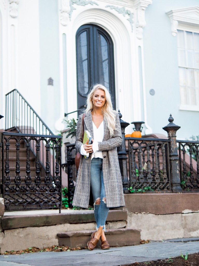 Brownstones in Charleston check plaid long coat brown loafers sweater skinny jeans // charleston fashion blogger dannon k collard Almost Happening